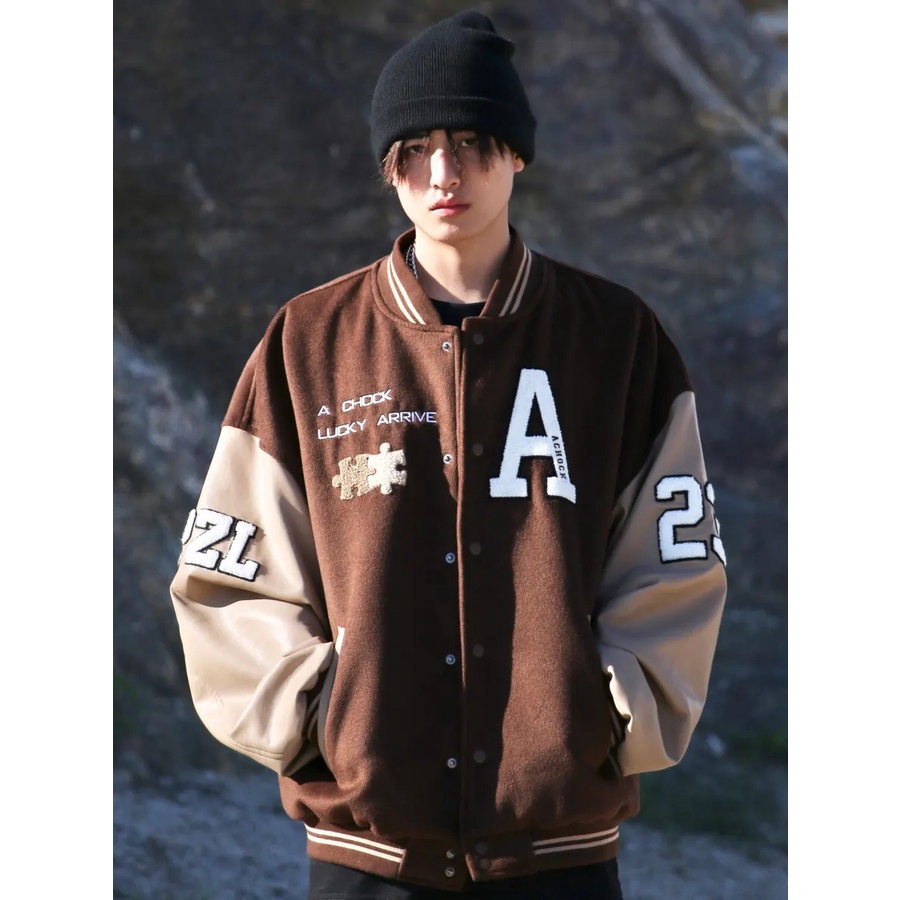 Áo khoác bomber jacket nam nữ phối Nâu tay da Boin shop thêu Lucky 2 lớp, chất nỉ bông siêu đẹp _ hình thật có clip