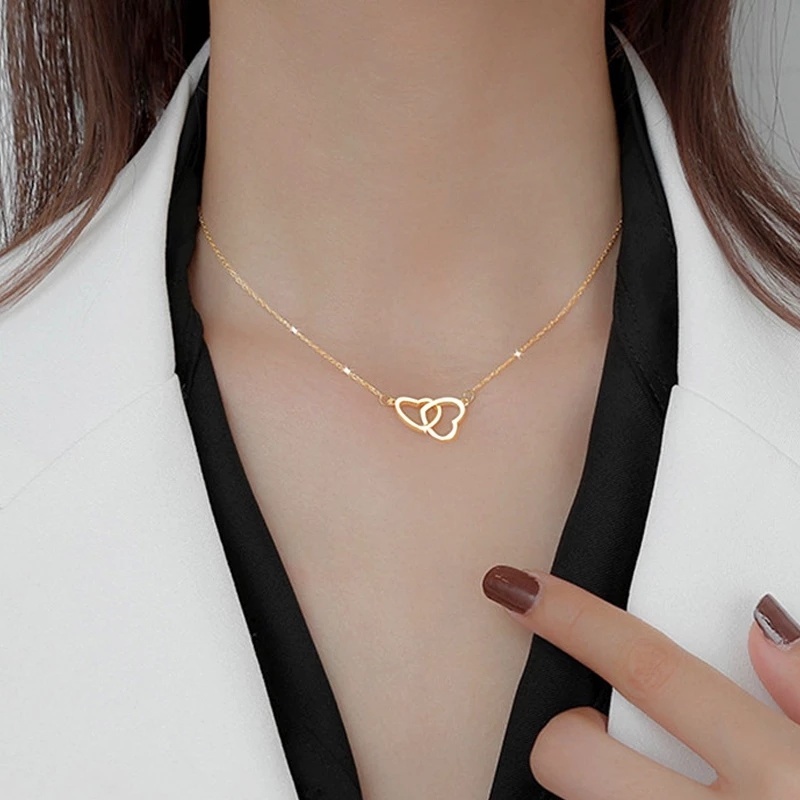 Dây Chuyền Mặt Trái Tim Đôi Bằng Thép Không Gỉ Mạ Vàng Sáng Tạo Làm Quà Tặng Đám Cưới Cho Nữ