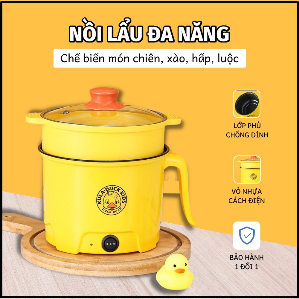[BẢO HÀNH 12TH] Nồi điện mini VỊT VÀNG 2 tầng đa năng, lưới thép an toàn không gỉ sét CA NẤU MÌ - dung tích 1,8L
