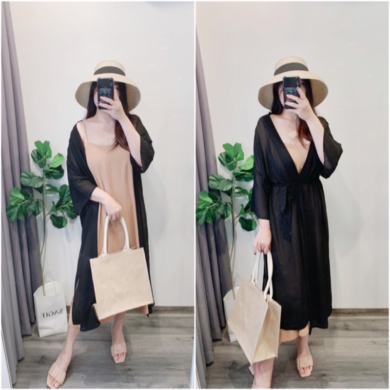 ÁO KHOÁC KIMONO ĐI BIỂN ĐEN TRẮNG DÁNG DÀI RỘNG KÈM ĐAI EO FREESIZE 45-85kg