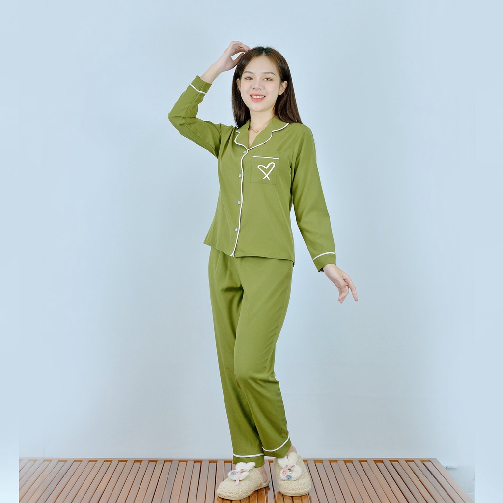 Bộ PIJIMA Nữ  màu RÊU  Chất Lụa Cao Cấp - Quần dài tay dài điểm nhấn in trái tim túi  - Nhẹ nhàng - Sang trọng