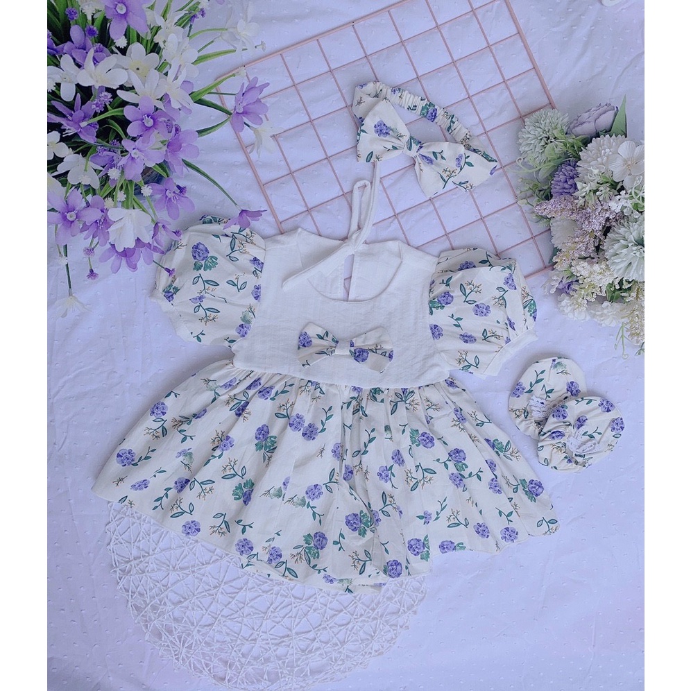 Bộ Body em bé sơ sinh Kèm băng đô và giày vải Màu trắng hoa tím Size 0 đến 24m Nina Kids Boutique Chuyên body cho bé