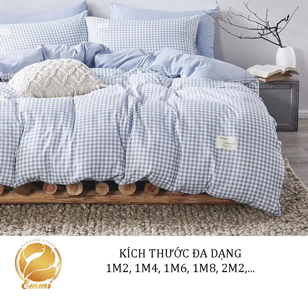 Bộ Chăn Ga Gối Cotton TC Emmidecor Kẻ caro xanh dương miễn phí bo chun và làm ga phủ theo yêu cầu
