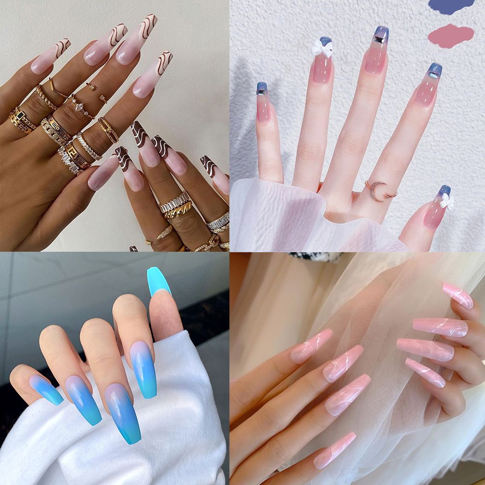 [Hàng mới về] Hộp 24 móng tay giả dài đầy đủ có thể tháo rời phong cách thời trang dành cho nữ