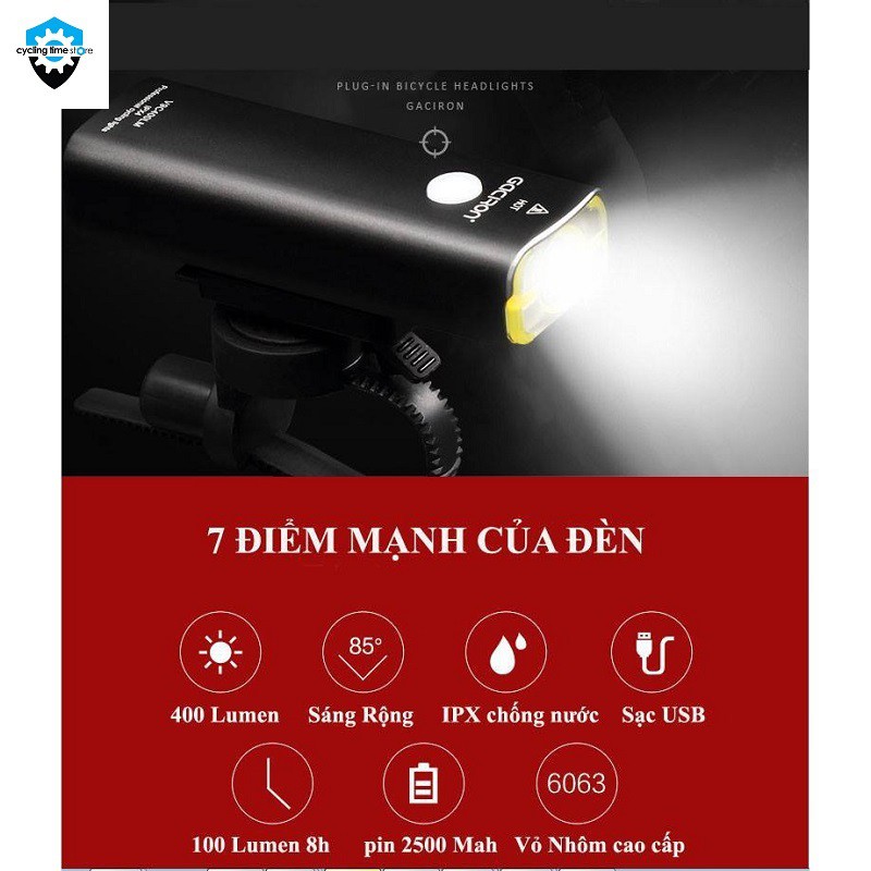 Đèn siêu sáng sạc usb gaciron cho xe đạp 400 lumens