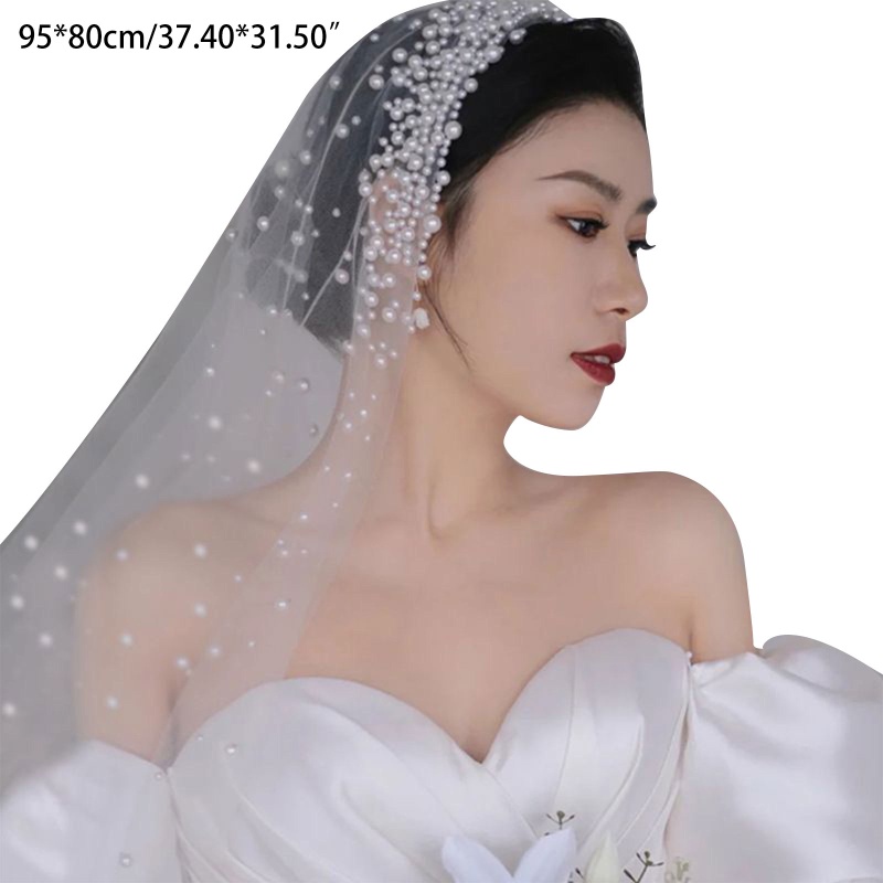 Mạng Che Mặt Bằng Vải Tuyn Màu Trắng Đính Hoa Và Ngọc Trai Cho Cô Dâu