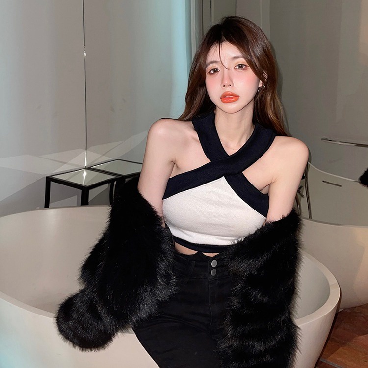 Áo dệt kim ZHELIHANGFEI không tay dáng ngắn lưng cao phối màu tương phản cá tính