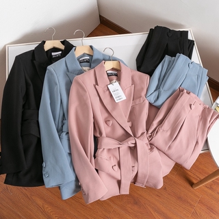 Set suit áo vest nút trái tim kèm dây thắt eo phối quần dài thời trang thanh lịch (có hình thật)