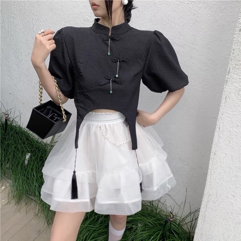 Sườn xám cách tân Set/Bộ, Tay áo ngắn, Áo sơ mi, Áo croptop