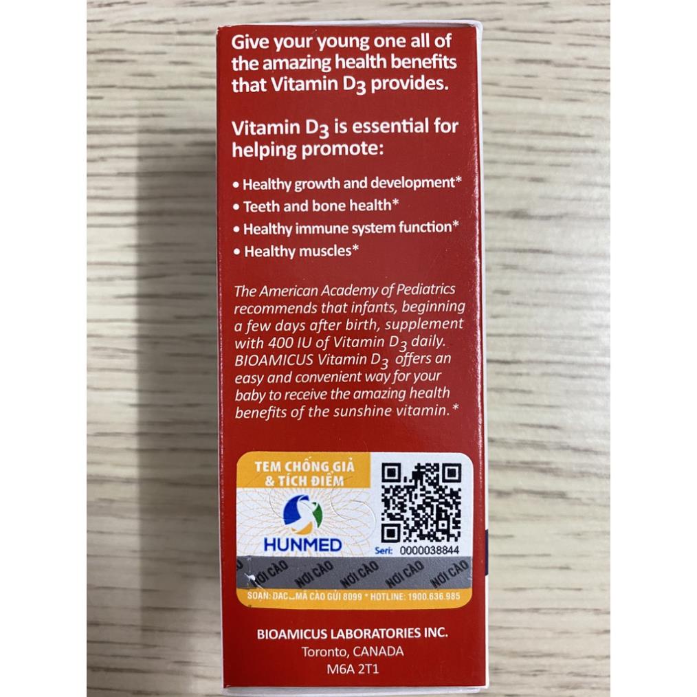 Men vi sinh Bioamicus vitamin D3 K2 hỗ trợ hấp thu canxi, D3 K2 lọ 10ml
