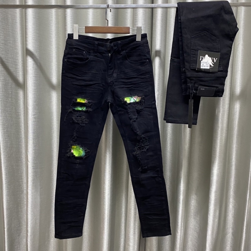 Quần jean rách gối vá xanh,quần jean amirii vá gối xanh