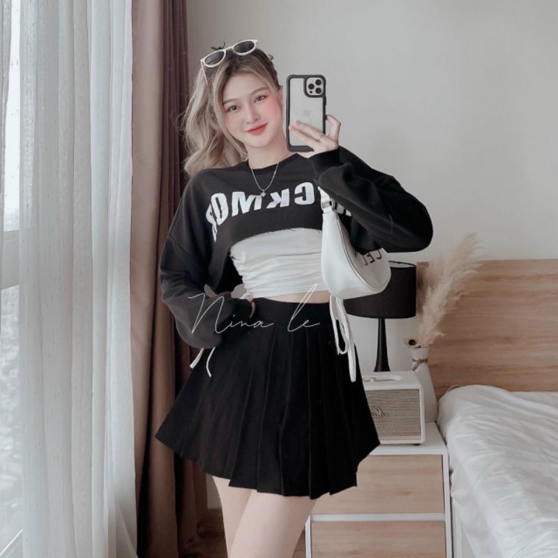 Sét áo cặp  RÚT DÂY 2 bên croptop in chữ ROCKMO