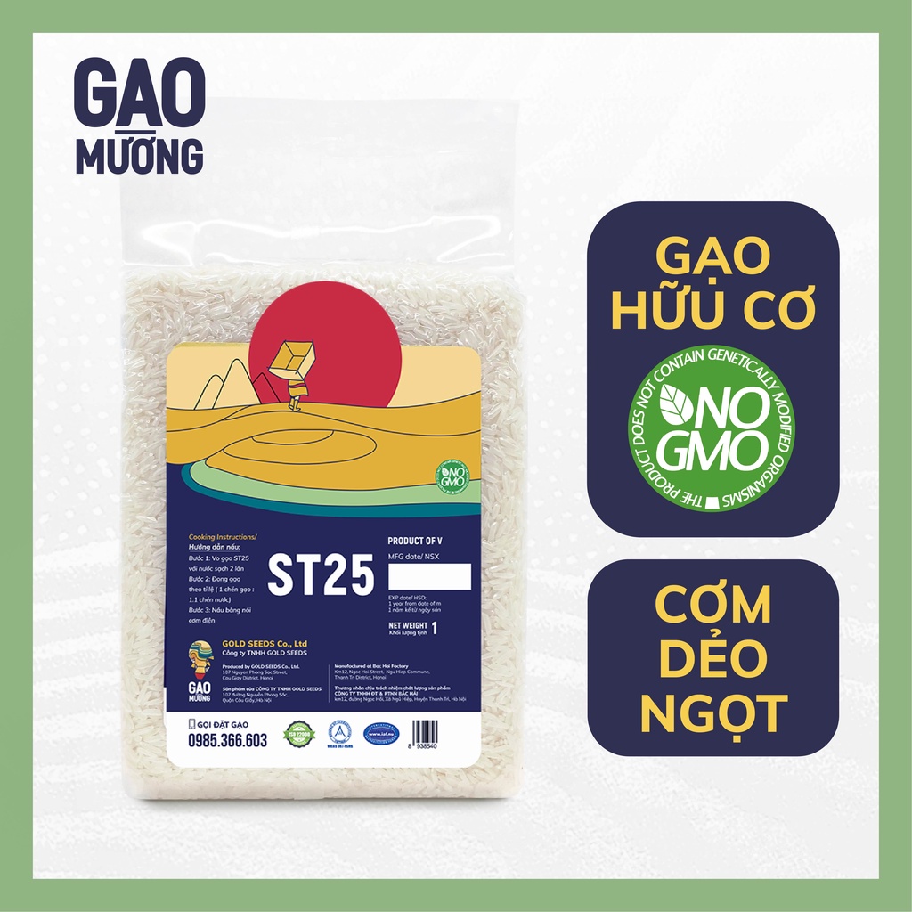 Gạo ST25 1kg GAO Mường, đóng gói hút chân không, gạo đặc sản Sóc Trăng