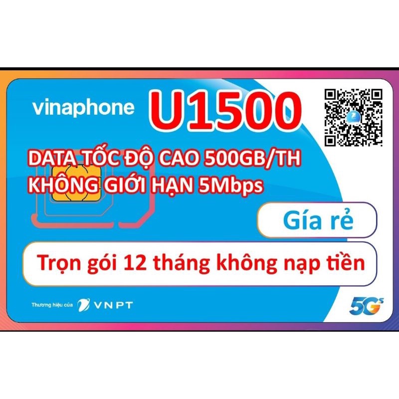 Sim 4G Vinaphone U1500 Data 500Gb/tháng, Không giới hạn tốc độ 5Mb, Miễn phí 12 tháng, Sim Phát Wifi, xem phim Chơi game