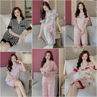 [MẪU HOT] Đồ Bộ Lụa Pijama Quần Lửng Họa Tiết Mới ☘️ Chất liệu Satin💚Đồ Ngủ Nữ
