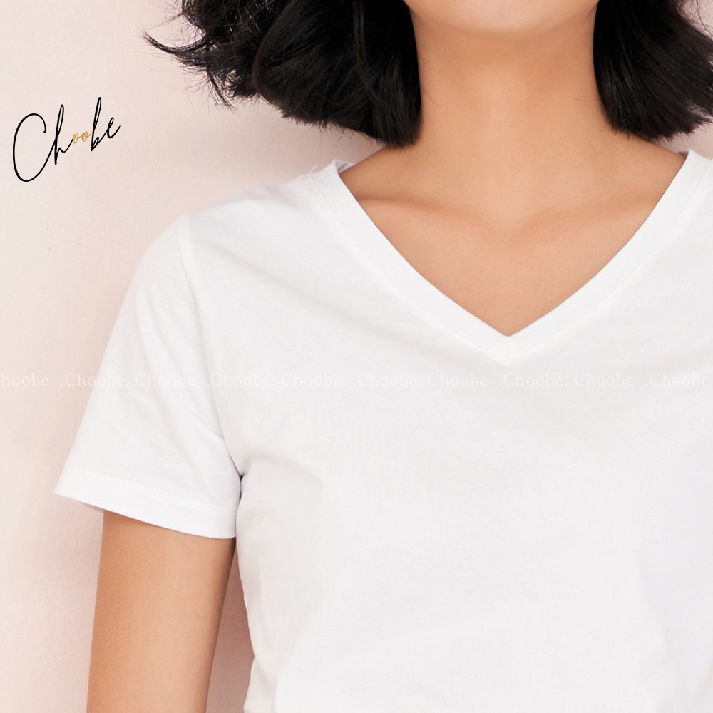 Áo phông nữ Choobe cộc tay cổ tim chữ v thun trơn form rộng co giãn màu đen trắng cam bigsize thời trang basic A18