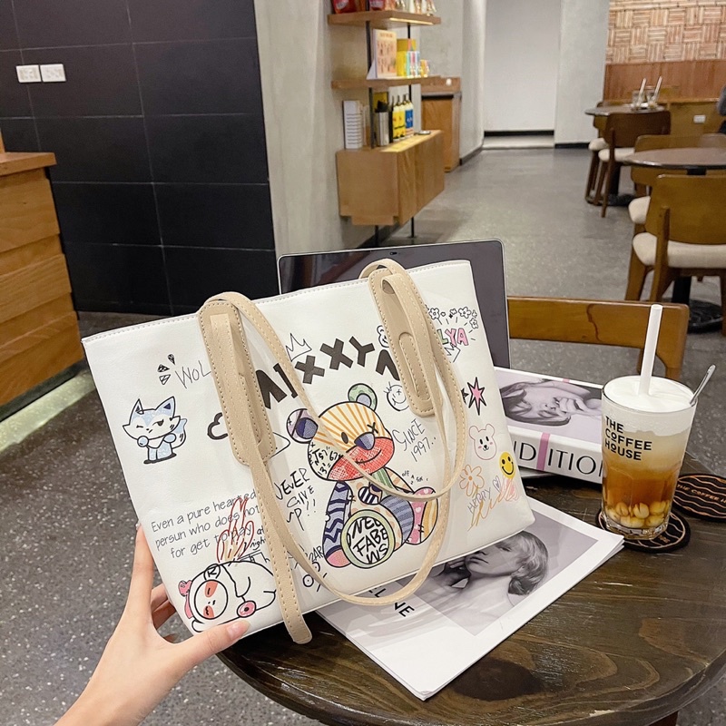 Túi Tote Đeo Vai, Túi Xách Nữ Hoạ Tiết Gấu Mixxyn