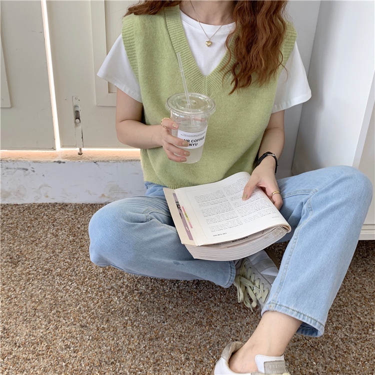 Áo Gile Len nữ Màu trơn Form rộng Thu Đông Ulzzang Hàn Quốc Áo Gile Len nữ Cổ tim Thời trang
