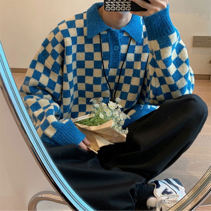 Áo len cổ polo tay dài họa tiết caro phong cách Hàn Quốc thời trang cho nam