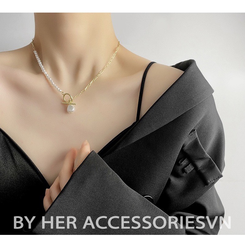 Dây chuyền chocker hạt trai, Vòng cổ nữ mặt tròn hạt trai tiểu thư thanh ngang Her Accessories C20