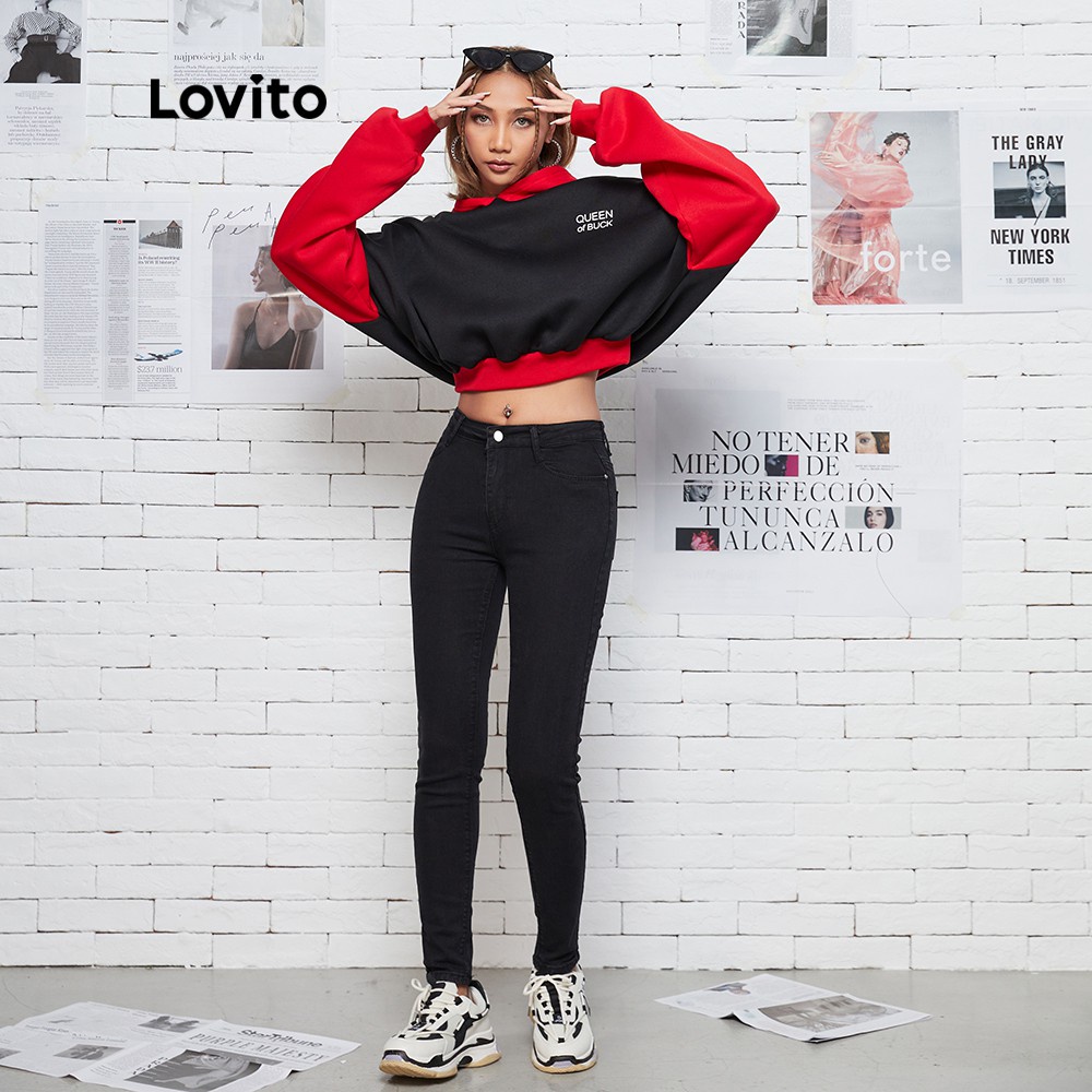 Áo croptop hoodie Lovito in chữ phối khối màu thường ngày L08176 (Màu đen) | BigBuy360 - bigbuy360.vn