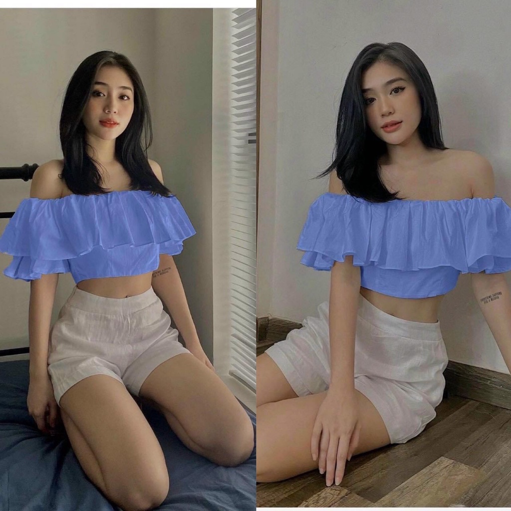 Áo crotop trễ vai tay phồng xếp li màu xanh tôn dáng dễ phối đồ alohashop91