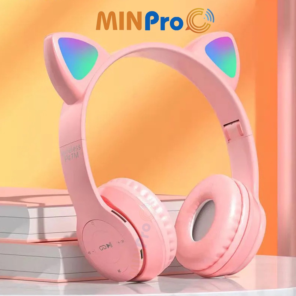 Tai nghe chụp tai mèo bluetooth 5.0 cute, Headphone tai mèo 7 màu led phát sáng không dây có mic chính hãng - MINPRO