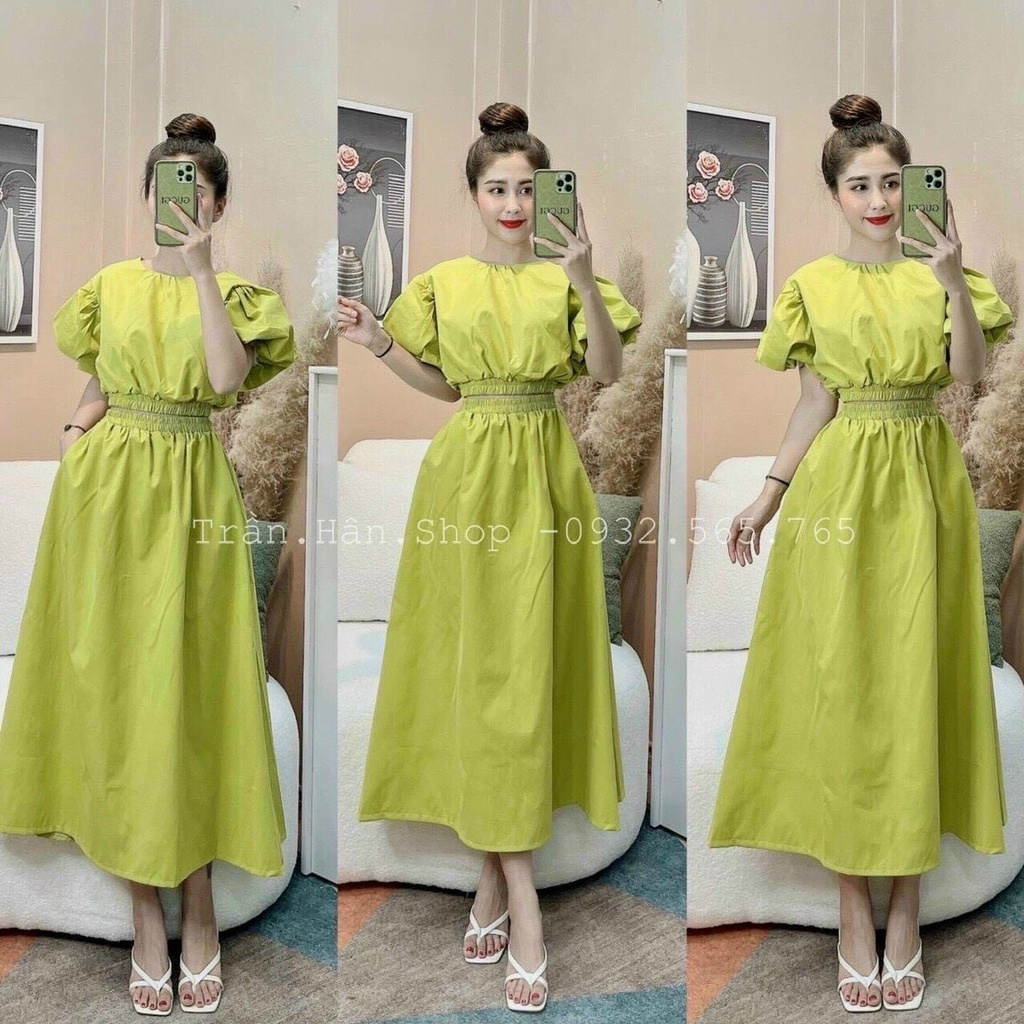 sét bộ váy dài phối áo kiểu cổ tròn tay ngắn bồng