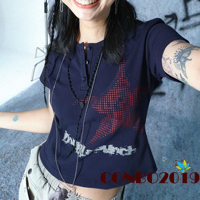 Áo Thun Crop Top Nữ Tay Ngắn In Hình Ngôi Sao