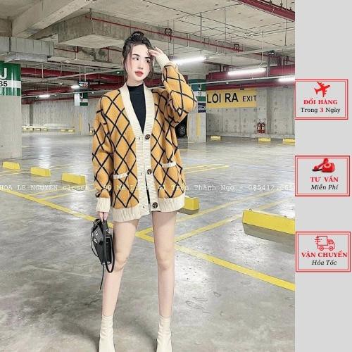 Áo cardigan len nữ oversize phom rộng kẻ caro vàng ulzzang Hàn Quốc