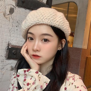 Japanese hand-woven wool beret women s autumn and winter solid color retro literary pure Korean female ins painter hat