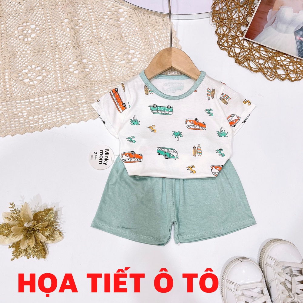 Đồ Bộ Cộc Tay Thun Lạnh Minky Họa Tiết Phối Cổ Viền Quần Màu Cho Bé Trai/ Bé Gái 6-16kg