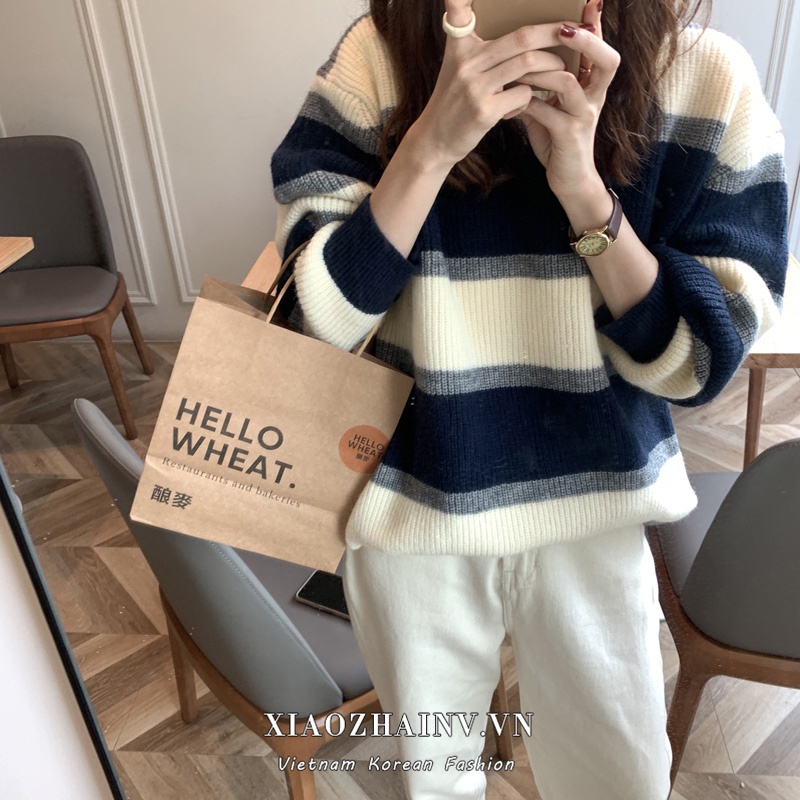 Áo sweater dệt kim XIAOZHAINV dáng rộng họa tiết kẻ sọc thời trang xinh xắn cho nữ