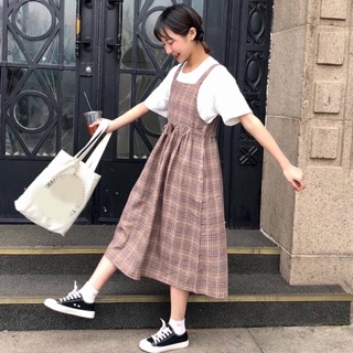 Yếm váy kẻ chun eo dáng dài ulzzang