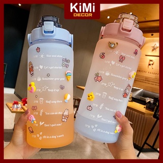 Bình nước 2l nhắc nhở uống nước mỗi ngày dành cho người lười uống nước - tặng kèm ống hút, sticker dán