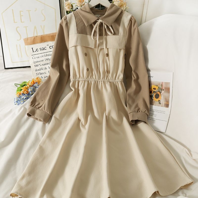 Đầm Váy Vintage Váy Dài Xòe Bo Chun Eo Thắt Nơ Cổ Tay Dài Hàng QC