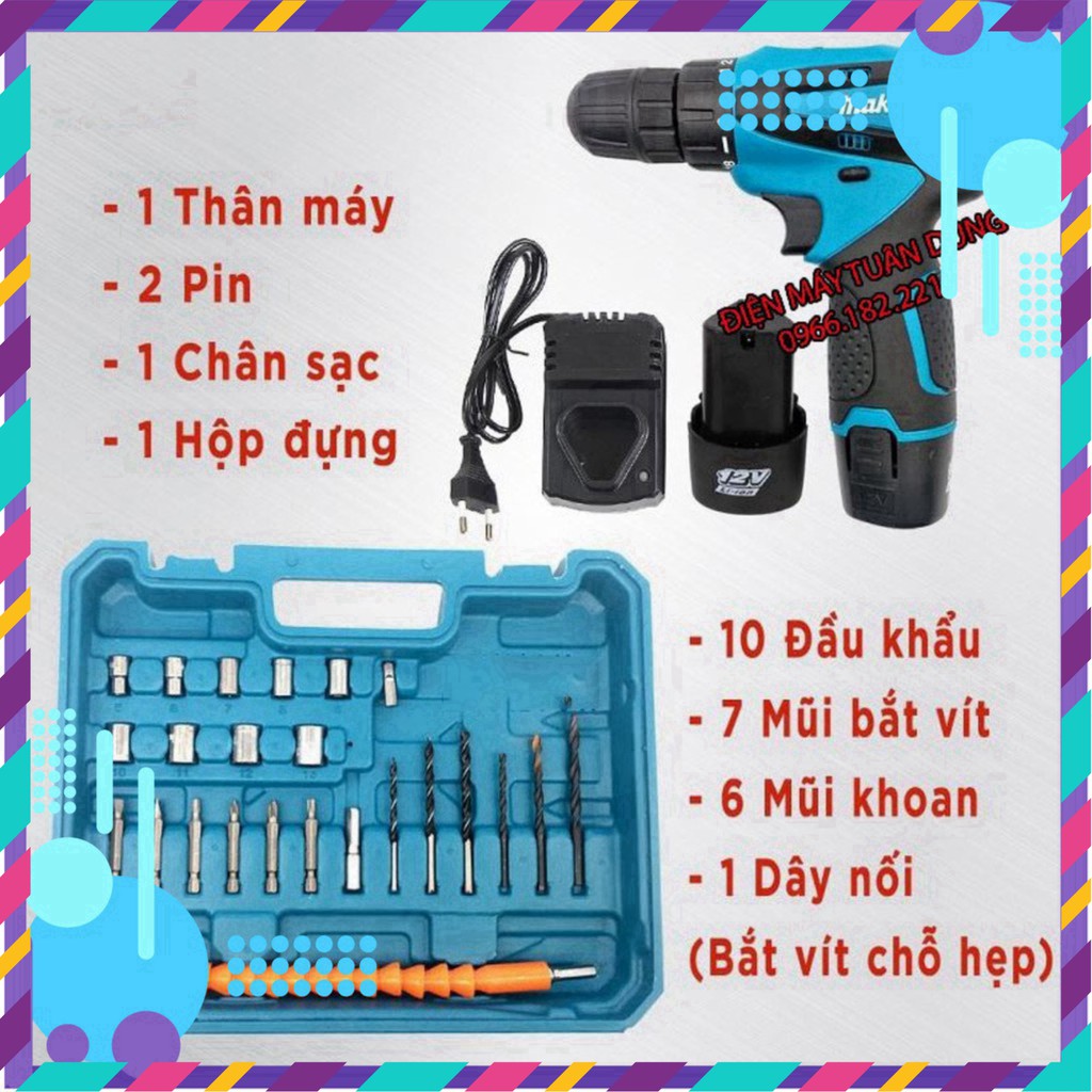 [Chính Hãng] Máy khoan pin makita 12V – KHOAN – BẮT VÍT – VẶN ỐC tặng kèm hộp 24 chi tiết . ]