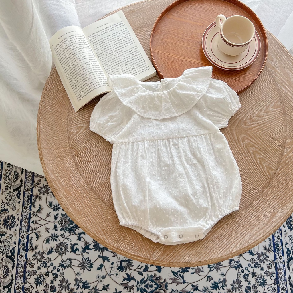 Bộ Áo Liền Quần Cổ Tròn Tay Ngắn Chất Liệu Cotton Phối Ren Hoa Hồng Thời Trang Mùa Hè Cho Bé Gái