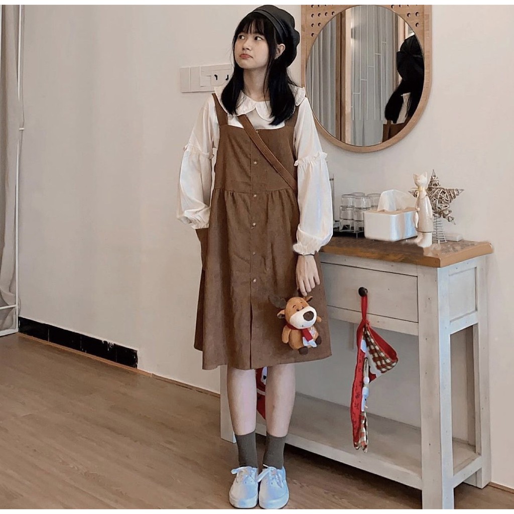 Set Yếm Váy Nhung Ulzzang Phối Sơ Mi Cách Điệu Màu Nâu Tây Xinh Xắn / Set đồ Lolita Nhật Bản
