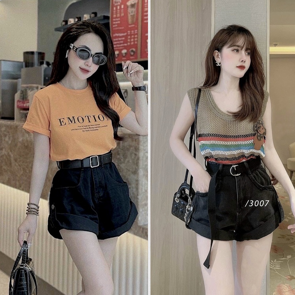[Bigsize 55-90kg] Short Ngố Đen Tuyền 3007, Lai Lật Đính Nút, Lưng Cao Trên Rốn, Không Giãn