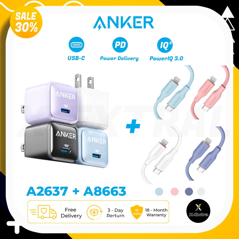 Combo củ sạc Anker A2637 PD 20W và dây cáp sạc A8663 1.8m PowerLine III Usb-C (Type C) to L - bảo hành 12 tháng