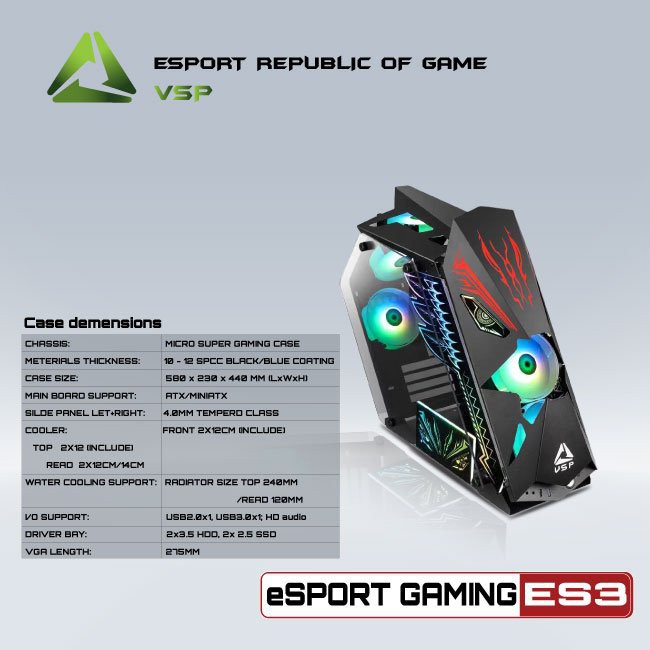 &lt; NEW HOT &gt; ✔️ Case VSP E-ROG ES3 Gaming Có Sẵn panel LED và 5 Fan LED ARGB.