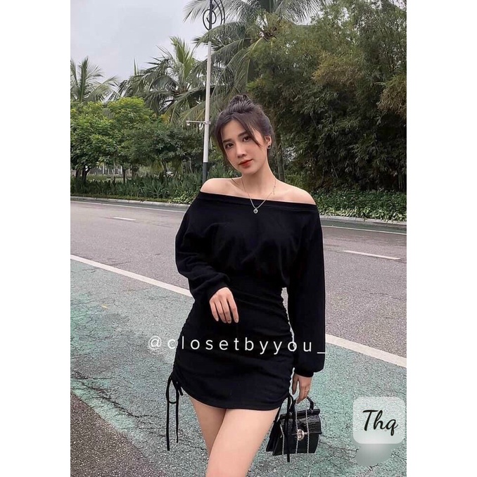 Đầm trễ vai rút dây chất dày dặn L1
