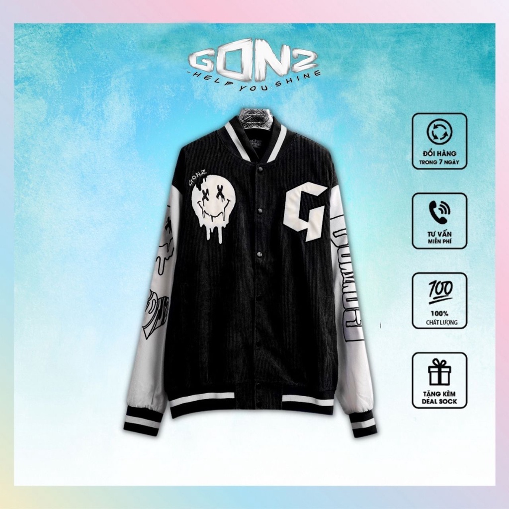 Áo khoác Bomber, Varsity jacket Gonz Black V13 nỉ nhung 2 lớp form rộng, áo bomber unisex gonz phong cách