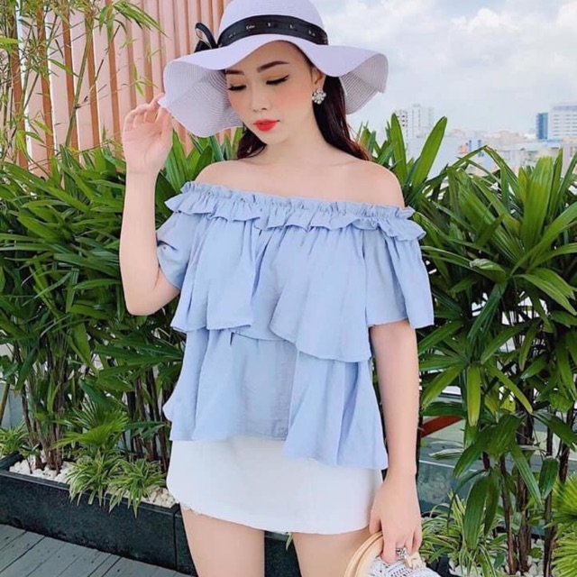 Set váy áo trễ vai xanh