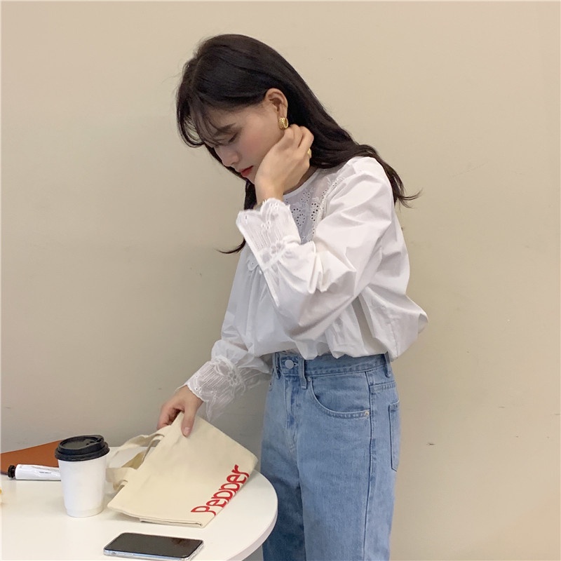 SUXI Áo Kiểu Tay Dài Cổ Tròn Phối Ren Phong Cách Hàn Quốc Thời Trang Mùa Thu Cho Nữ