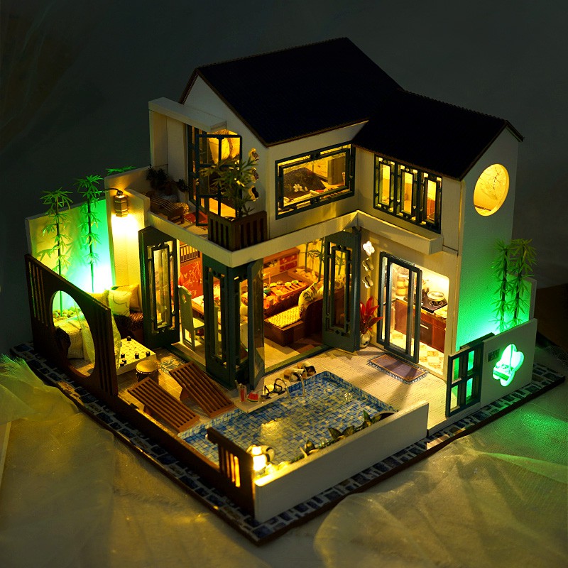 Mô hình nhà DIY Doll House Happy Restaurant Kèm Mica Chống bụi, Bộ dụng cụ, Keo dán và Bộ phát nhạc