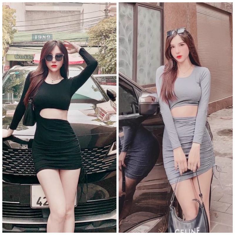 Đầm Thun Ôm Body Tay Dài Khoét Eo Rút Dây Hông Dáng Ngắn Sexy - Kiểu Cổ Tròn Và Cổ Vuông