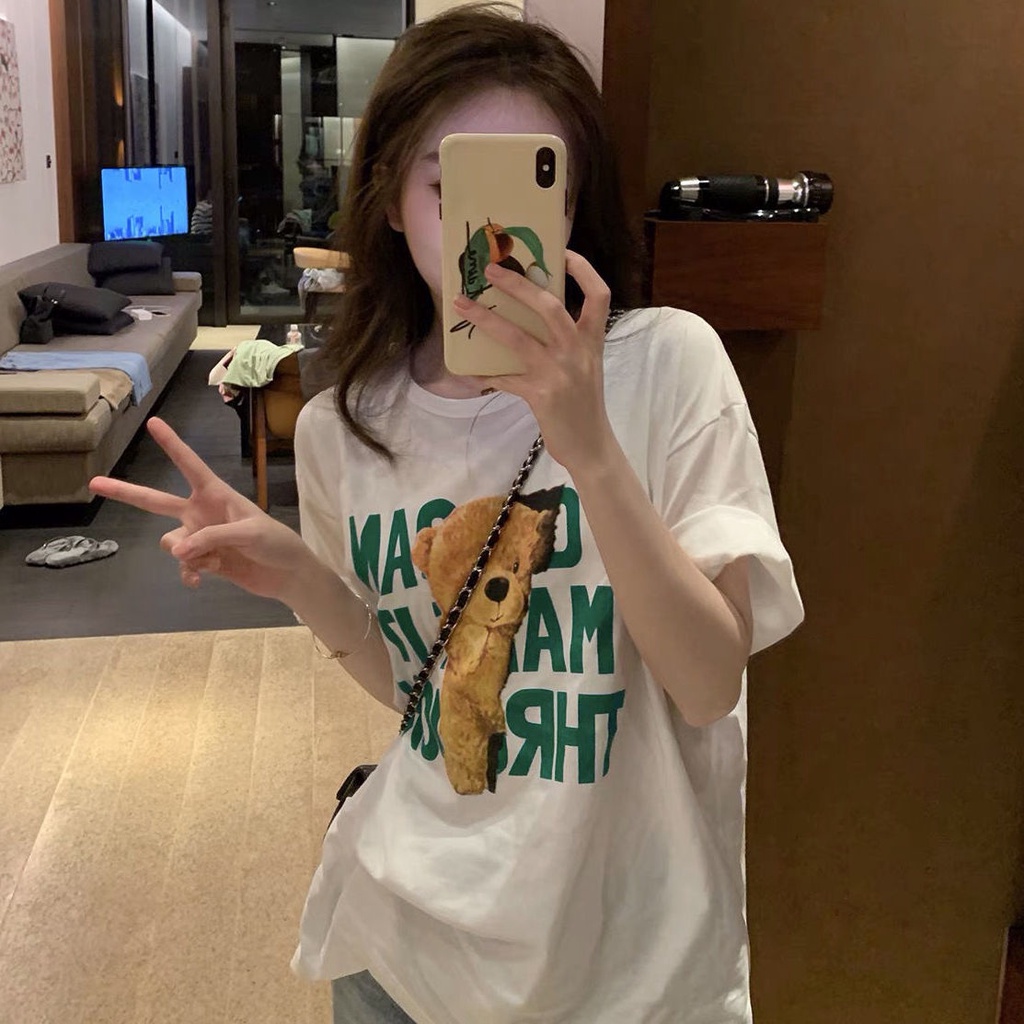 Áo Thun Cotton Tay Ngắn Dáng Rộng In Hình Gấu Và Chữ Đơn Giản Thời Trang Phong Cách Harajuku