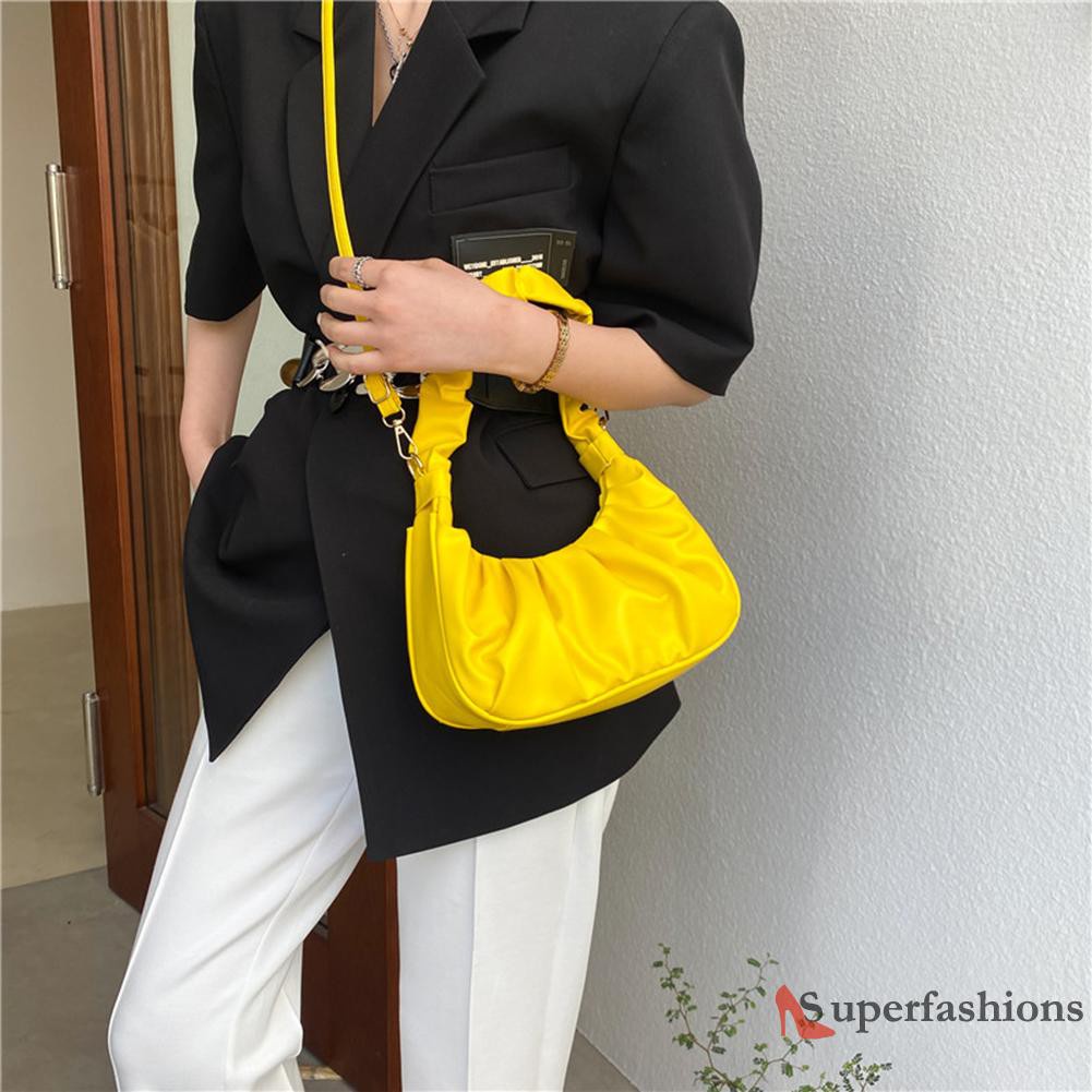 【Hot Sale】Fashion Women Pure Color Canvas Shoulder Underarm Bag Pleated Hobos Handbag